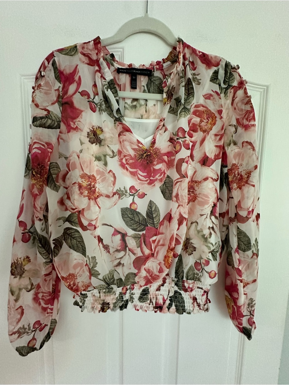 White House Black Market Floral V-Neck Smocked-Hem Blouse - Pink/Green